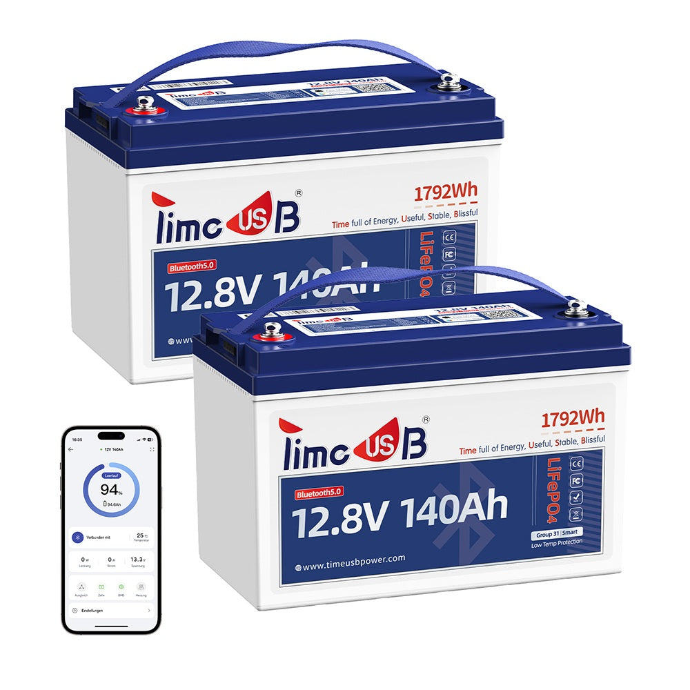 2 Stück Timeusb LiFePO4 12V Smart Batterie 140Ah mit Bluetooth und Tieftemperaturschutz