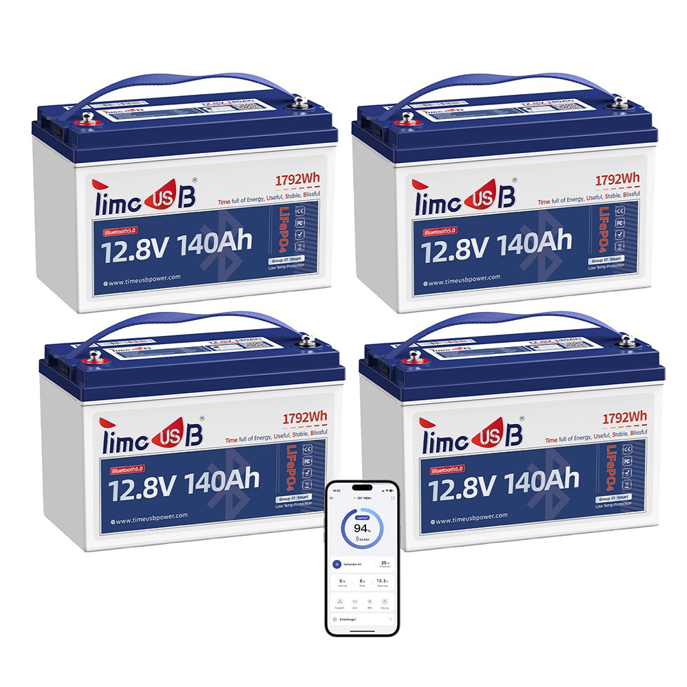4 Stück Timeusb LiFePO4 12V Smart Batterie 140Ah mit Bluetooth und Tieftemperaturschutz