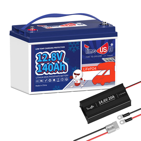Timeusb Lithium Batterie 140Ah LiFePO4 12V mit 12V Ladegerät 20A