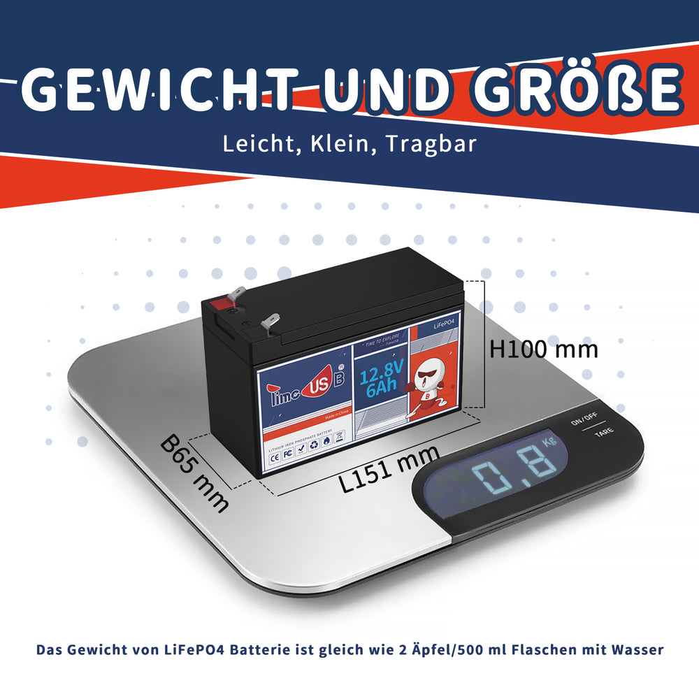 Gewicht und Abmessungen von 12V Batterie 6Ah
