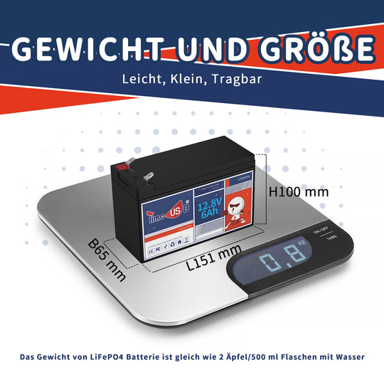 Gewicht und Abmessungen von 12V Batterie 6Ah