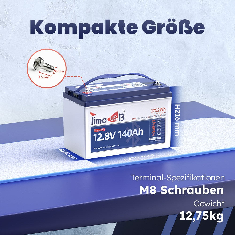 Tax free - Timeusb LiFePO4 12V Smart Batterie 140Ah mit Bluetooth und Tieftemperaturschutz