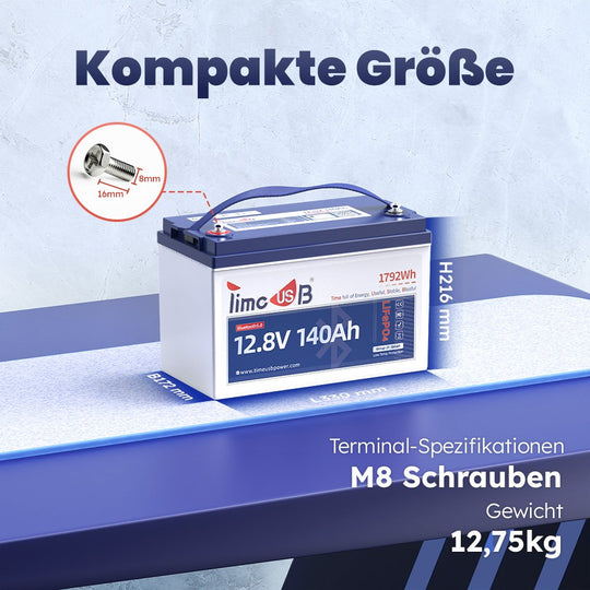 Tax free - Timeusb LiFePO4 12V Smart Batterie 140Ah mit Bluetooth und Tieftemperaturschutz