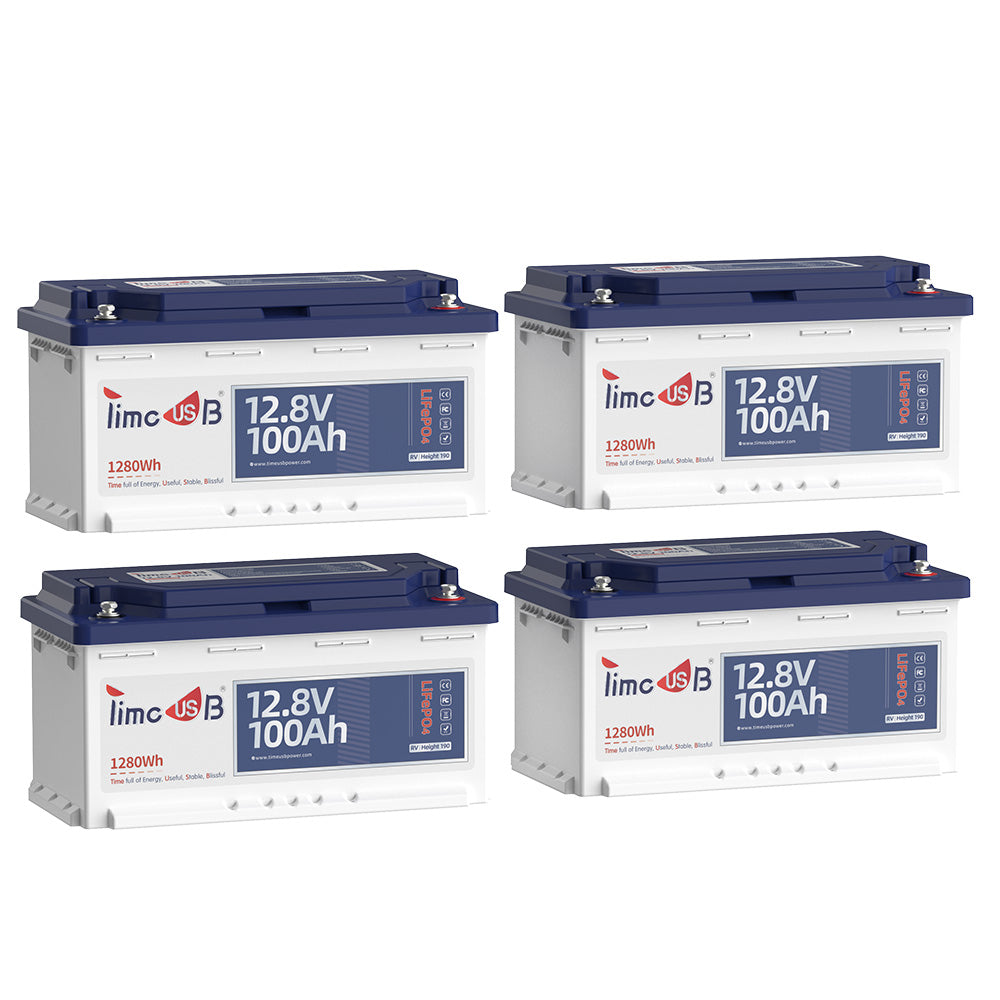 4 Stück Timeusb LiFePO4 12V 100Ah H190 Untersitz Batterie