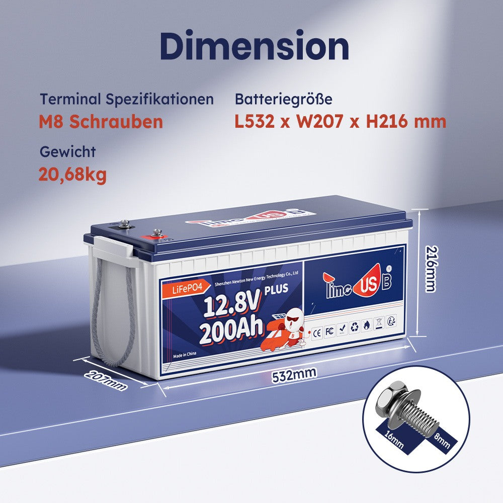 Batteriegrößen 12V LiFePO4 200Ah Plus Batterie und Gewicht