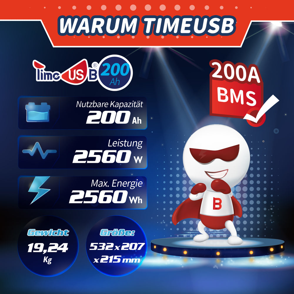 Besonderheiten von Timeusb 12 Volt Batterie LiFePO4 200Ah Plus