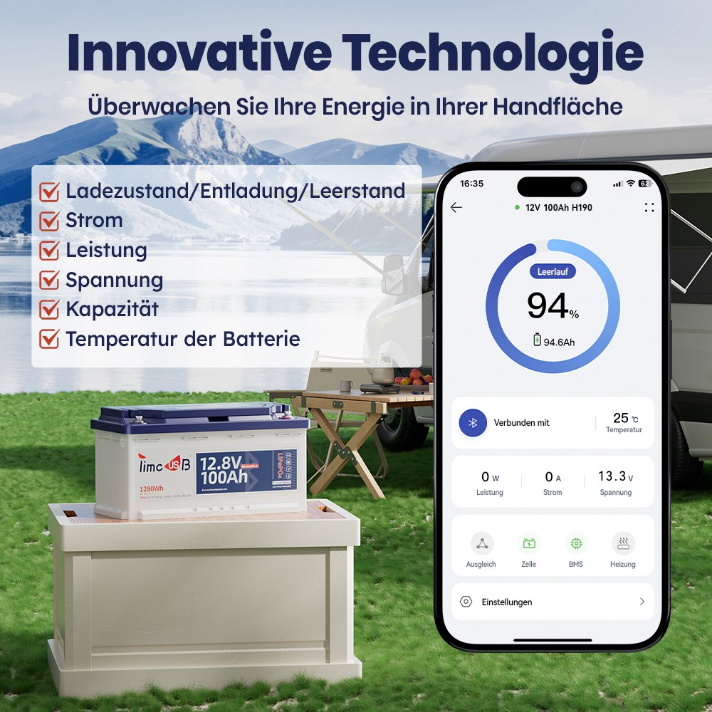Tax Free - Timeusb 12V 100AH ​​H190 Smart Battery with Bluetooth and Tief Temperature Protection