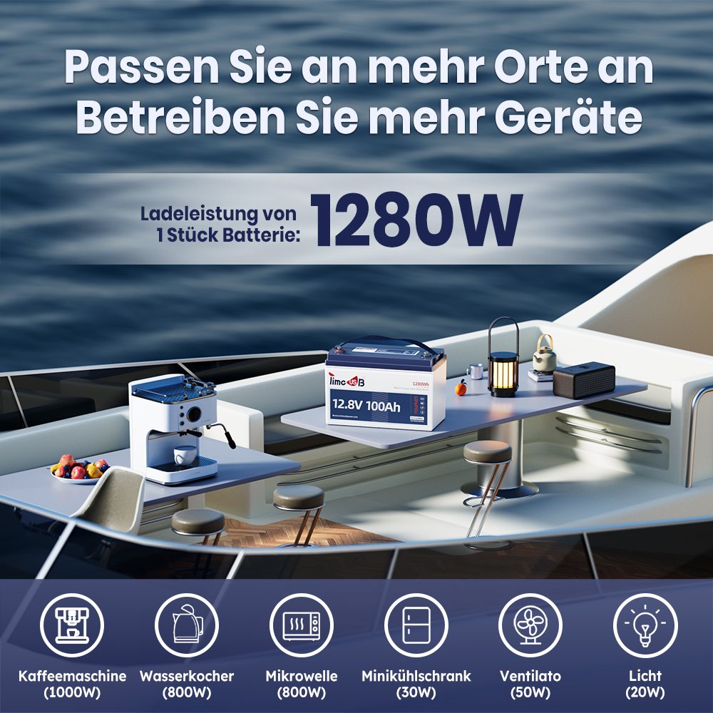 Timeusb 12V 100Ah LiFePO4 Akku mit 1280W Leistung für vielseitige Energielösung