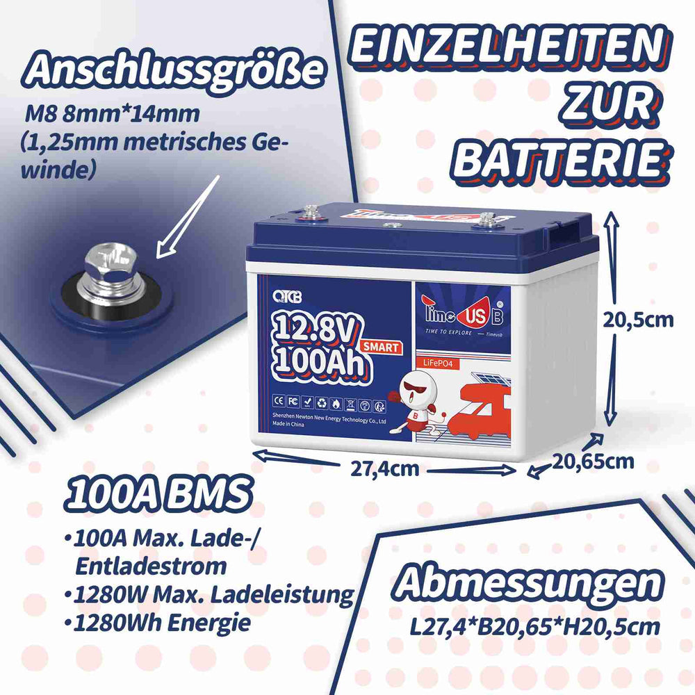 Gebraucht - Wie neu - Timeusb LiFePO4 12V 100Ah Smart Batterie | 1,28 kWh & 100A BMS