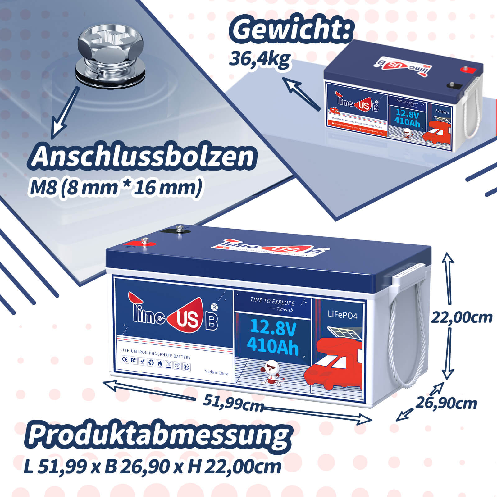 Tax free-Timeusb 12V 410Ah Lithium LiFePO4 | 5,12 kWh & 250A BMS