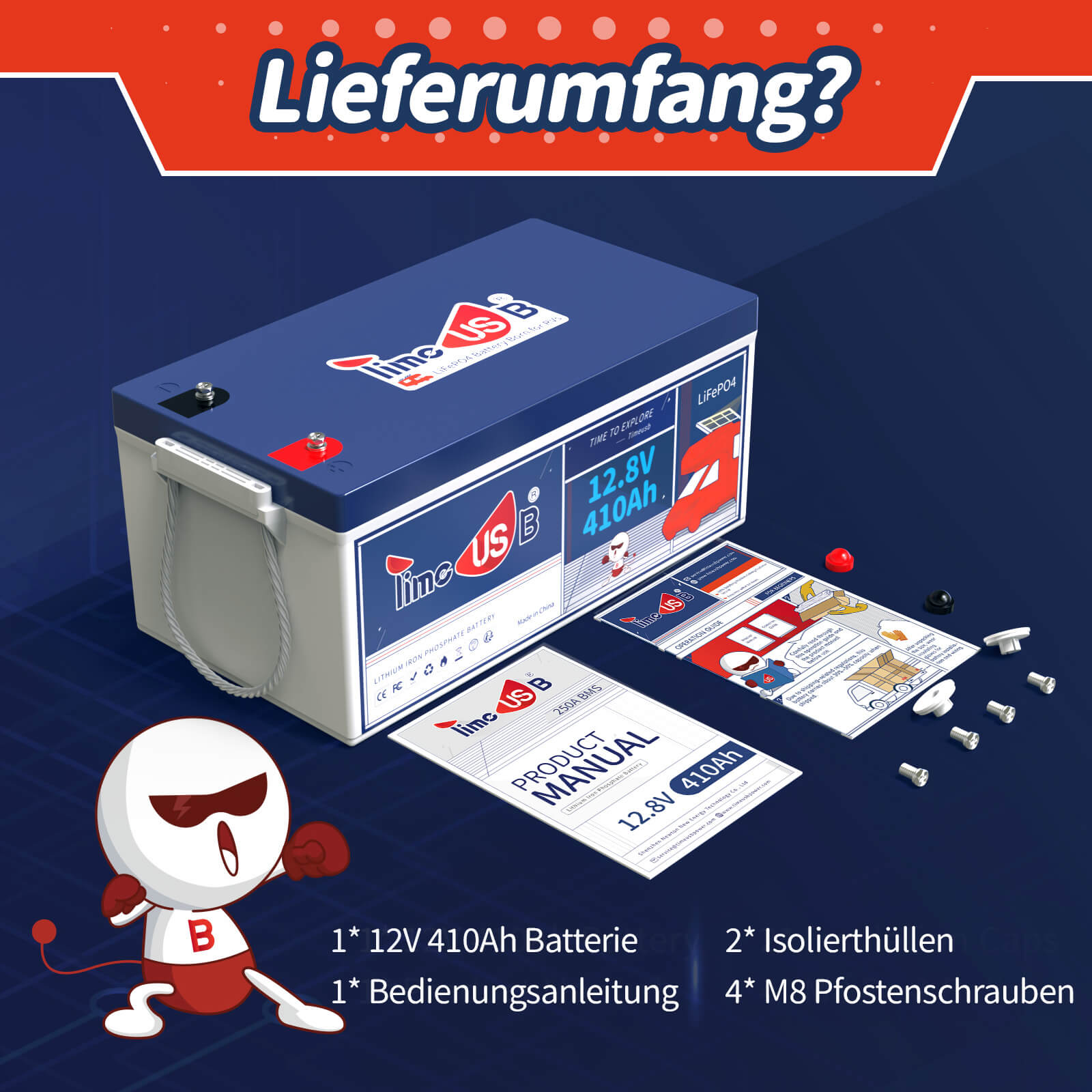 Tax free-Timeusb 12V 410Ah Lithium LiFePO4 | 5,12 kWh & 250A BMS