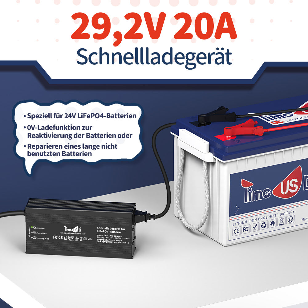 Gebraucht - Wie neu - Timeusb LiFePO4 Ladegerät 29,2V 20A für 24 Volt Akku