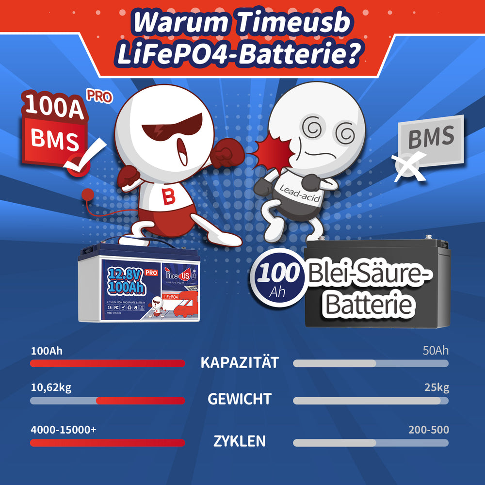 Timeusb LiFePO4 100Ah Pro Batterie 12V im Vergleich zu 12V 100Ah Blei-Säure-Batterie