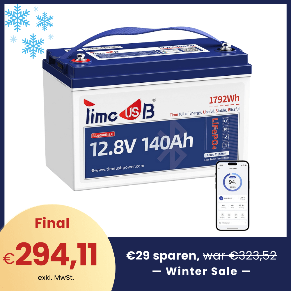 【❄Winter Sale, Tax free】 - Timeusb LiFePO4 12V Smart Battery 140Ah with Bluetooth and low temperature protection