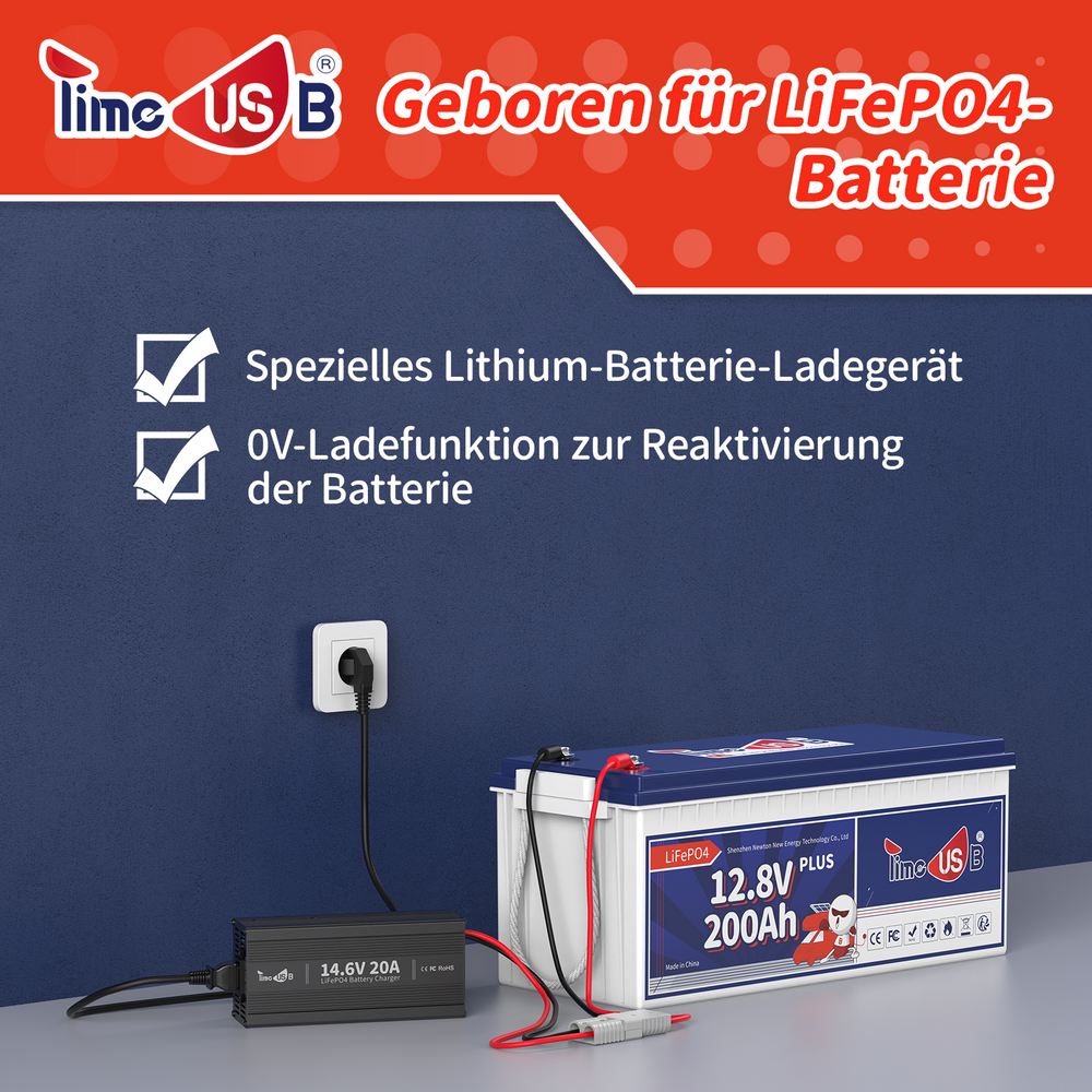 Timeusb Ladegerät LiFePO4 14,6V 20A für 12V Batterie