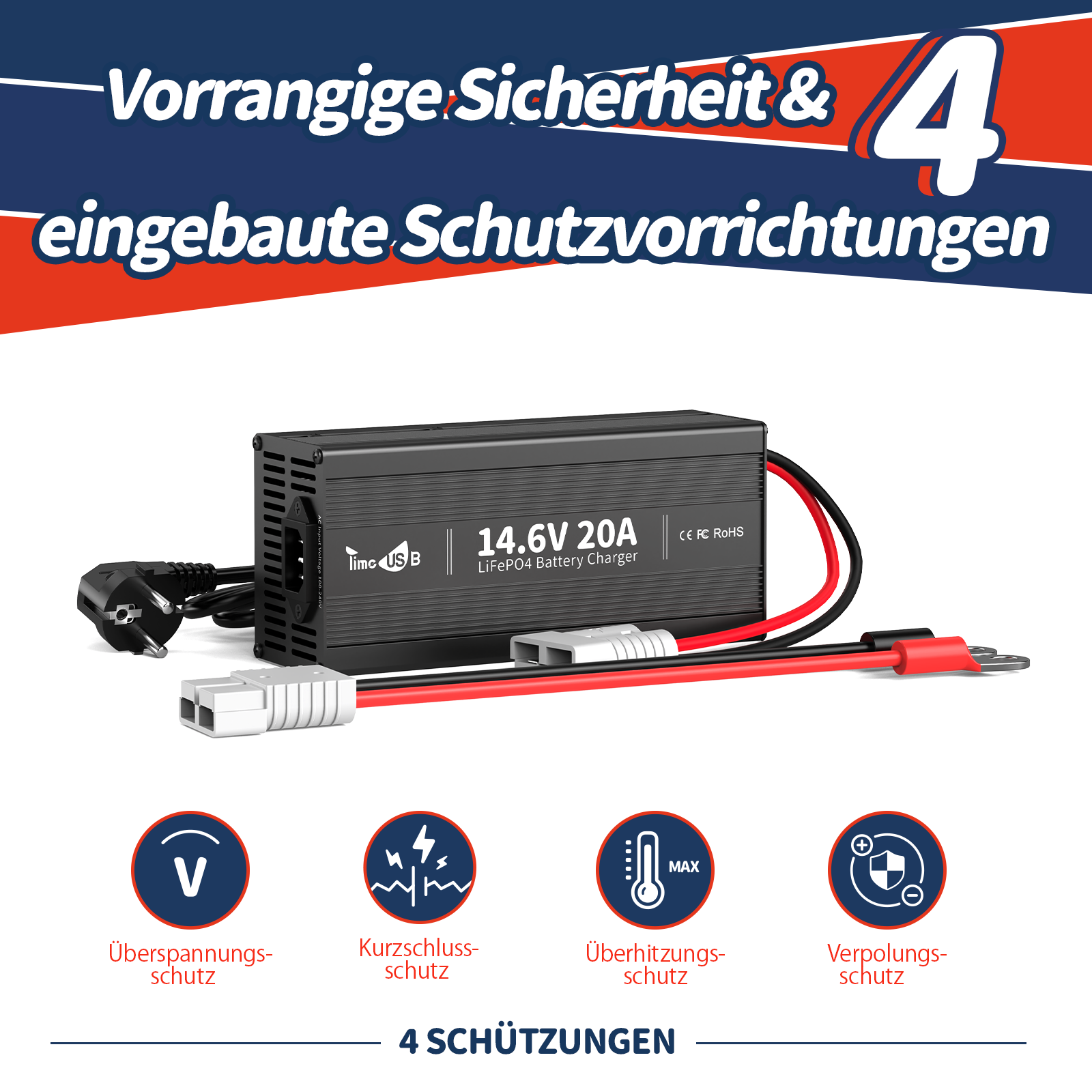 Chargeur Timeusb LiFePO4 chargeur de batterie 14.6V 20A 12V pour batterie LiFePO4