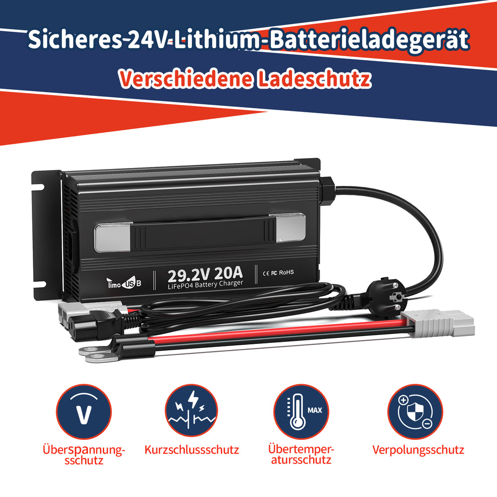 Timeusb LiFePO4 lader 29,2V 20A voor 24 volt accu