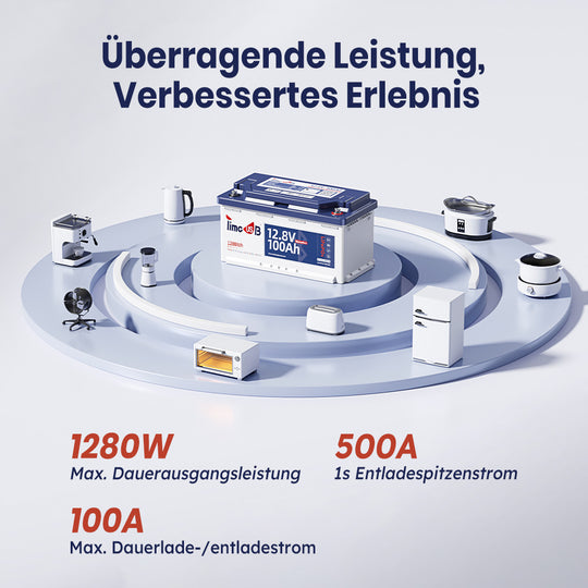 Timeusb 12V LiFePO4 Batterie 100Ah​​ mit 1280W Leistung