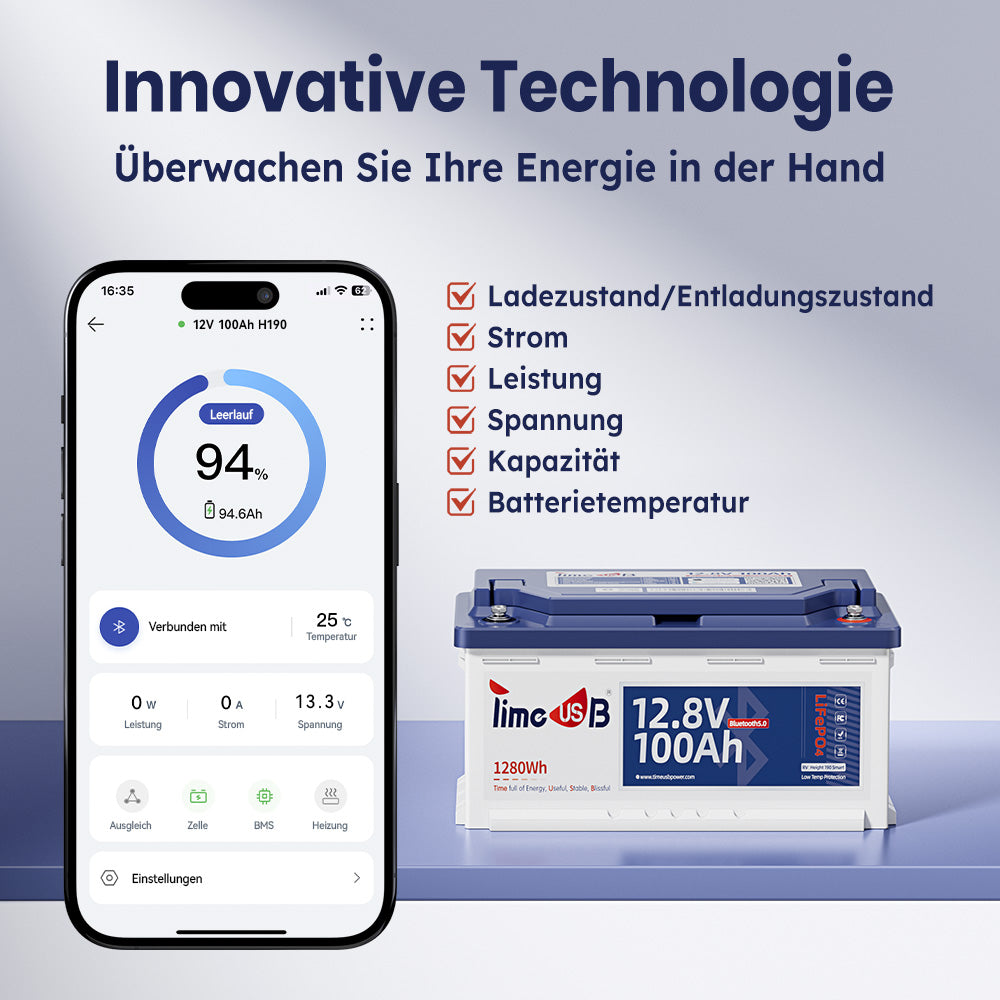 Timeusb 12V LiFePO4 Batterie 100Ah​​ mit Bluetooth 5,0