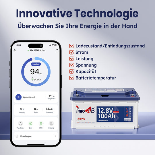 Timeusb 12V LiFePO4 Batterie 100Ah​​ mit Bluetooth 5,0