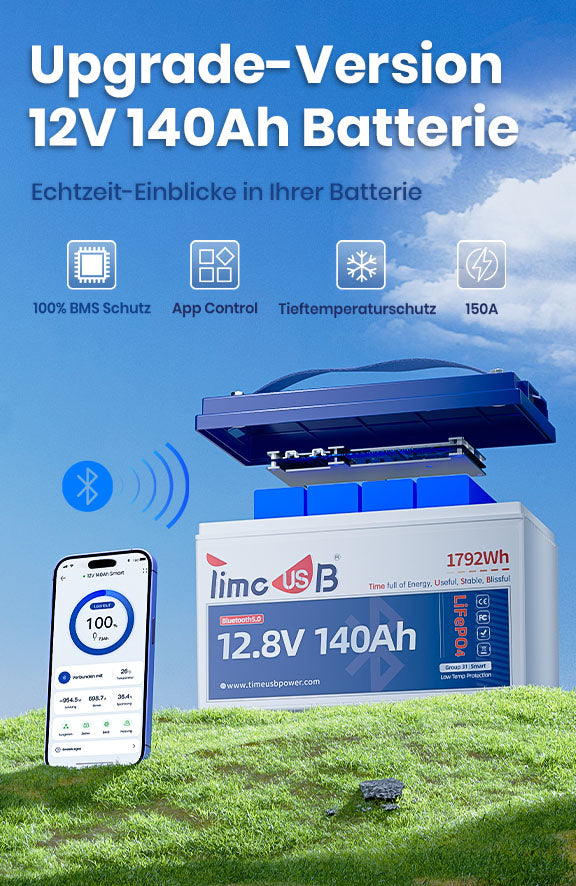 12V 140Ah Smart Batterie, Upgraded Version mit Bluetooth.