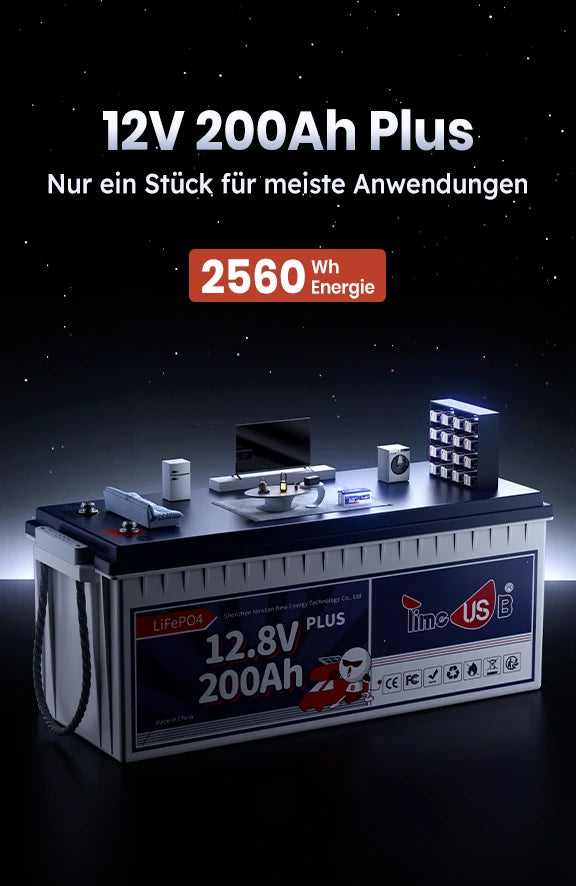 Timeusb LiFePO4 200Ah Plus 12 Volt Batterie, 2560Wh Energie