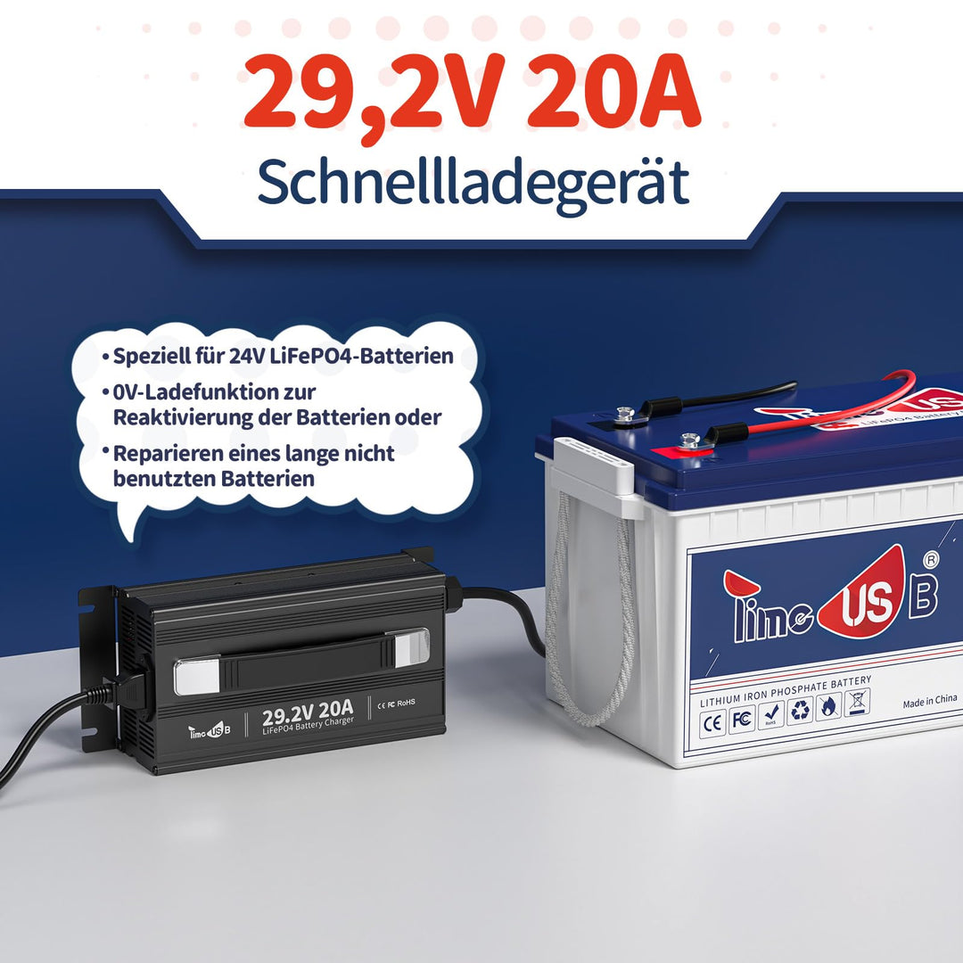 Gebraucht - Wie neu - Timeusb LiFePO4 Ladegerät 29,2V 20A für 24 Volt Akku