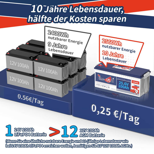 Tax free-Timeusb 24V 100Ah LiFePO4 Batterie  | 2,56 kWh & 100A BMS