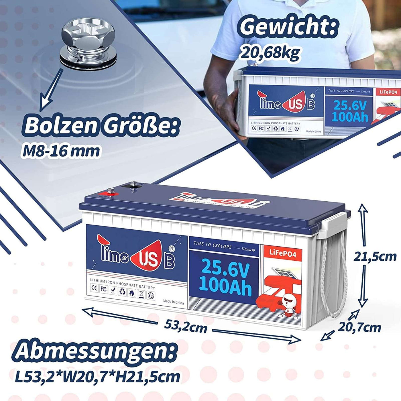 Tax free-Timeusb 24V 100Ah LiFePO4 Batterie  | 2,56kWh & 2,56kW
